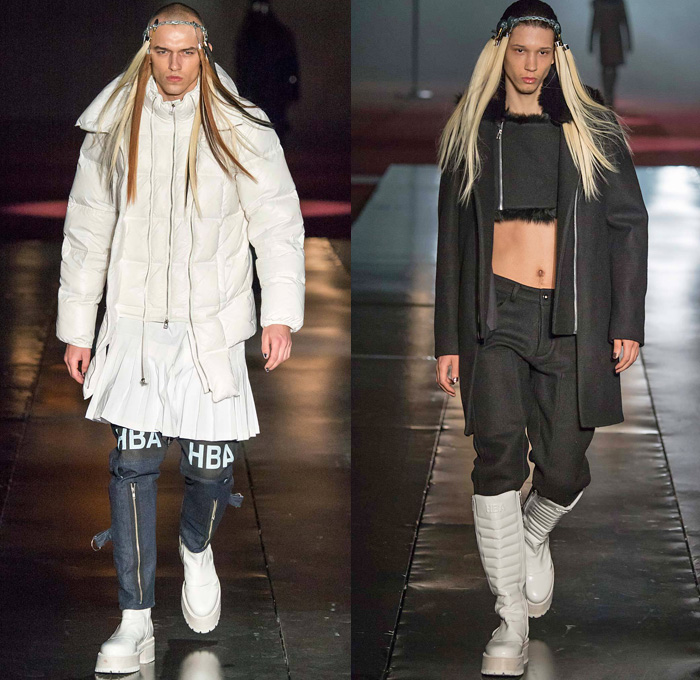 Hood By Air 2014-2015 Fall Autumn Winter Mens Womens Runway Looks - New York Fashion Week Catwalk - Denim Jeans Androgyny Zippers Motorcycle Biker Rider Outerwear Coat Padlock Straps Down Jacket Puffer Crop Top Midriff Extensions Baseball Knit Cargo Pockets Leather Multi-Panel Embossed Suede