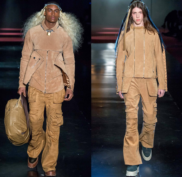 Hood By Air 2014-2015 Fall Autumn Winter Mens Womens Runway Looks - New York Fashion Week Catwalk - Denim Jeans Androgyny Zippers Motorcycle Biker Rider Outerwear Coat Padlock Straps Down Jacket Puffer Crop Top Midriff Extensions Baseball Knit Cargo Pockets Leather Multi-Panel Embossed Suede