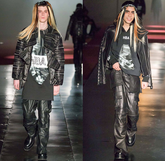 Hood By Air 2014-2015 Fall Autumn Winter Mens Womens Runway Looks - New York Fashion Week Catwalk - Denim Jeans Androgyny Zippers Motorcycle Biker Rider Outerwear Coat Padlock Straps Down Jacket Puffer Crop Top Midriff Extensions Baseball Knit Cargo Pockets Leather Multi-Panel Embossed Suede