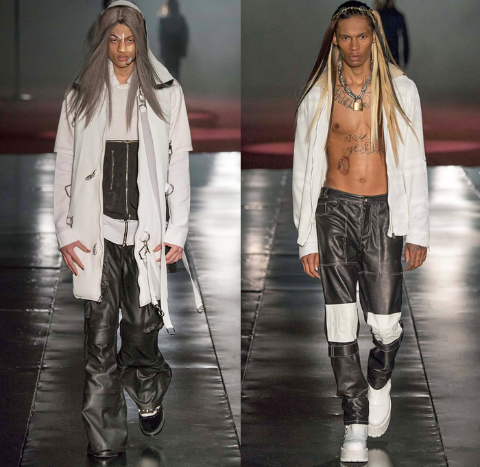 Hood By Air 2014-2015 Fall Autumn Winter Mens Womens Runway Looks - New York Fashion Week Catwalk - Denim Jeans Androgyny Zippers Motorcycle Biker Rider Outerwear Coat Padlock Straps Down Jacket Puffer Crop Top Midriff Extensions Baseball Knit Cargo Pockets Leather Multi-Panel Embossed Suede