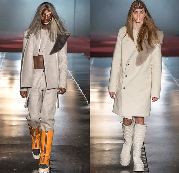 Hood By Air 2014-2015 Fall Autumn Winter Mens Womens Runway Looks - New York Fashion Week Catwalk - Denim Jeans Androgyny Zippers Motorcycle Biker Rider Outerwear Coat Padlock Straps Down Jacket Puffer Crop Top Midriff Extensions Baseball Knit Cargo Pockets Leather Multi-Panel Embossed Suede