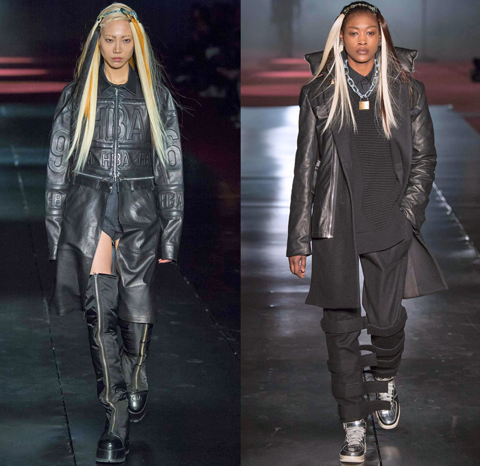 Hood By Air 2014-2015 Fall Autumn Winter Mens Womens Runway Looks - New York Fashion Week Catwalk - Denim Jeans Androgyny Zippers Motorcycle Biker Rider Outerwear Coat Padlock Straps Down Jacket Puffer Crop Top Midriff Extensions Baseball Knit Cargo Pockets Leather Multi-Panel Embossed Suede