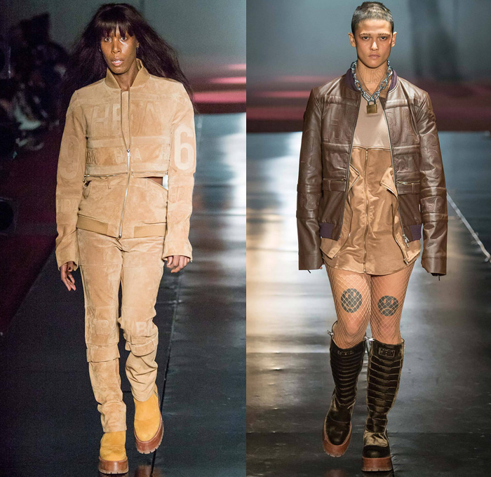 Hood By Air 2014-2015 Fall Autumn Winter Mens Womens Runway Looks - New York Fashion Week Catwalk - Denim Jeans Androgyny Zippers Motorcycle Biker Rider Outerwear Coat Padlock Straps Down Jacket Puffer Crop Top Midriff Extensions Baseball Knit Cargo Pockets Leather Multi-Panel Embossed Suede