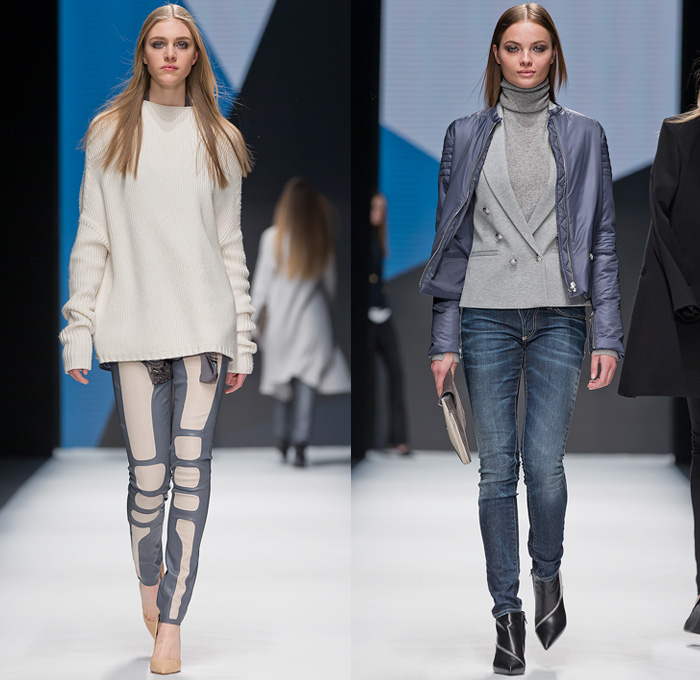 Hunkydory 2014-2015 Fall Autumn Winter Womens Runway Looks - Mercedes-Benz Fashion Week Stockholm Sweden Falla Host Vinter - Skinny Motorcycle Biker Panels Denim Jeans Outerwear Trench Pea Coat Turtleneck Sweater Jumper Chunky Knit Blazer Sheer Chiffon Ruffles Blouse Cardigan Crochet Pinstripe Furry Jumpsuit Playsuit Dress Zigzag