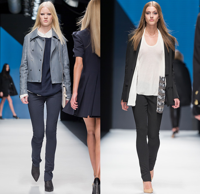 Hunkydory 2014-2015 Fall Autumn Winter Womens Runway Looks - Mercedes-Benz Fashion Week Stockholm Sweden Falla Host Vinter - Skinny Motorcycle Biker Panels Denim Jeans Outerwear Trench Pea Coat Turtleneck Sweater Jumper Chunky Knit Blazer Sheer Chiffon Ruffles Blouse Cardigan Crochet Pinstripe Furry Jumpsuit Playsuit Dress Zigzag