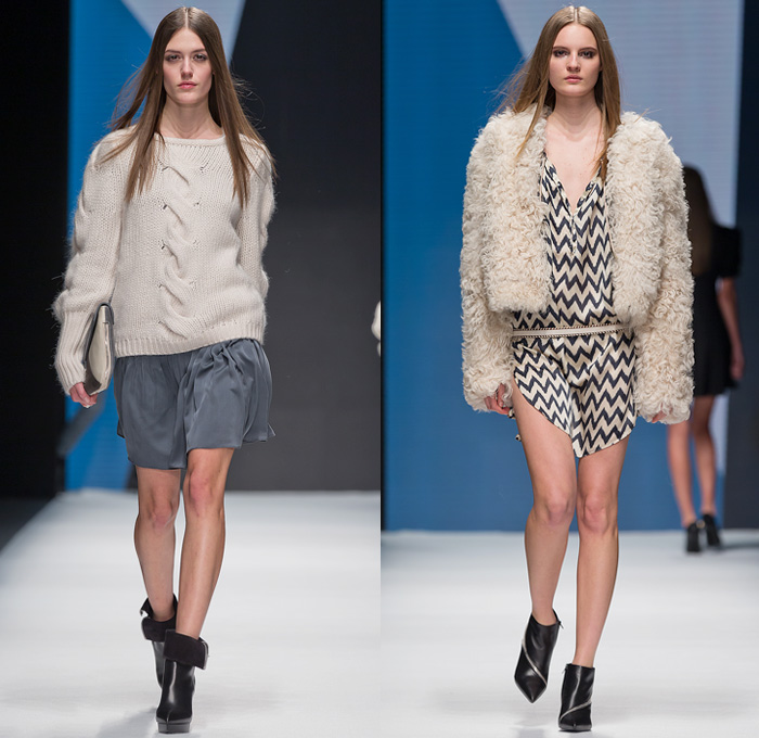 Hunkydory 2014-2015 Fall Autumn Winter Womens Runway Looks - Mercedes-Benz Fashion Week Stockholm Sweden Falla Host Vinter - Skinny Motorcycle Biker Panels Denim Jeans Outerwear Trench Pea Coat Turtleneck Sweater Jumper Chunky Knit Blazer Sheer Chiffon Ruffles Blouse Cardigan Crochet Pinstripe Furry Jumpsuit Playsuit Dress Zigzag