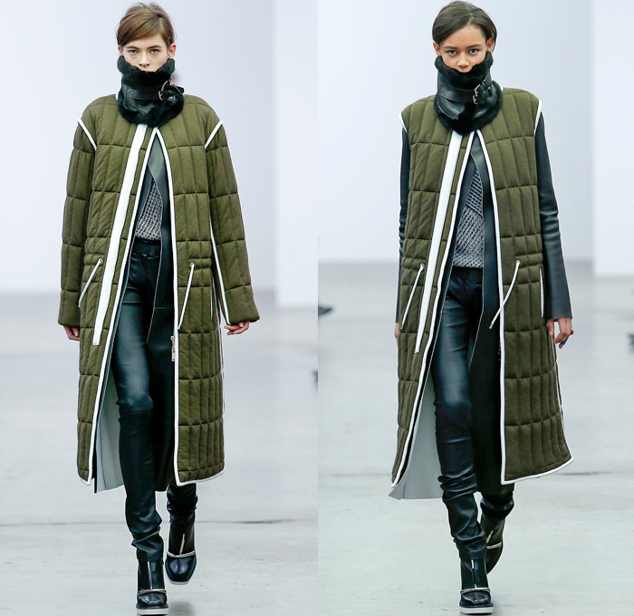 Iceberg 2014-2015 Fall Autumn Winter Womens Runway Looks - Milano Moda Donna Milan Fashion Week - Camera Nazionale della Moda Italiana - Accordion Pleats Quilted Outerwear Coat Leather Neckwarmer Straps Skinny Scarf Sheer Chiffon Peekaboo Sleek Chunky Knit Vest Neoprene Turtleneck Futuristic Metallic Silver Handkerchief Hem Dress