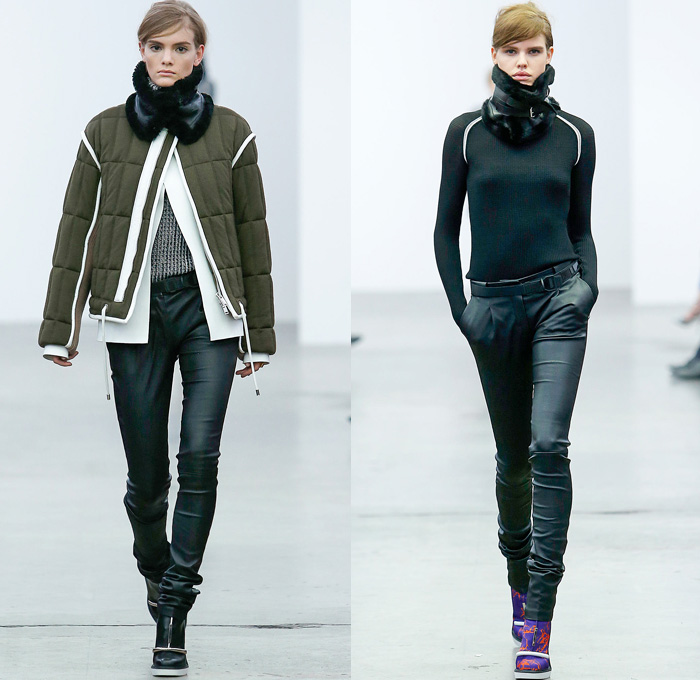 Iceberg 2014-2015 Fall Autumn Winter Womens Runway Looks - Milano Moda Donna Milan Fashion Week - Camera Nazionale della Moda Italiana - Accordion Pleats Quilted Outerwear Coat Leather Neckwarmer Straps Skinny Scarf Sheer Chiffon Peekaboo Sleek Chunky Knit Vest Neoprene Turtleneck Futuristic Metallic Silver Handkerchief Hem Dress