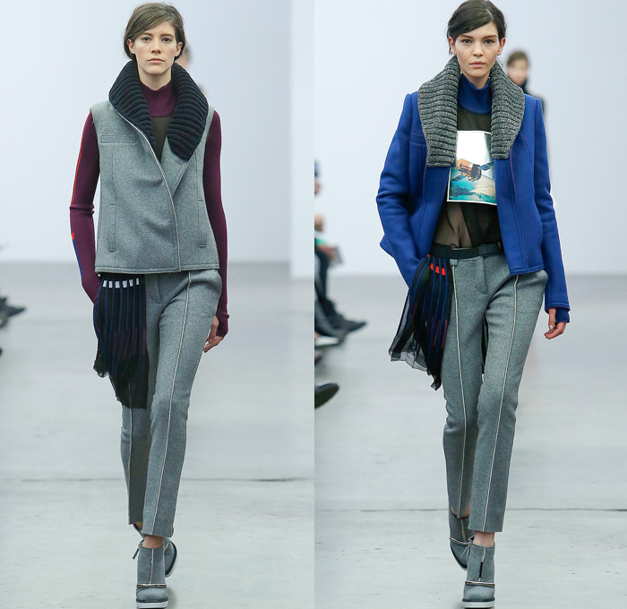 Iceberg 2014-2015 Fall Autumn Winter Womens Runway Looks - Milano Moda Donna Milan Fashion Week - Camera Nazionale della Moda Italiana - Accordion Pleats Quilted Outerwear Coat Leather Neckwarmer Straps Skinny Scarf Sheer Chiffon Peekaboo Sleek Chunky Knit Vest Neoprene Turtleneck Futuristic Metallic Silver Handkerchief Hem Dress