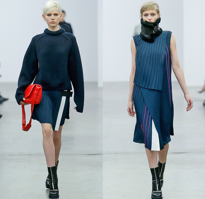 Iceberg 2014-2015 Fall Autumn Winter Womens Runway Looks - Milano Moda Donna Milan Fashion Week - Camera Nazionale della Moda Italiana - Accordion Pleats Quilted Outerwear Coat Leather Neckwarmer Straps Skinny Scarf Sheer Chiffon Peekaboo Sleek Chunky Knit Vest Neoprene Turtleneck Futuristic Metallic Silver Handkerchief Hem Dress