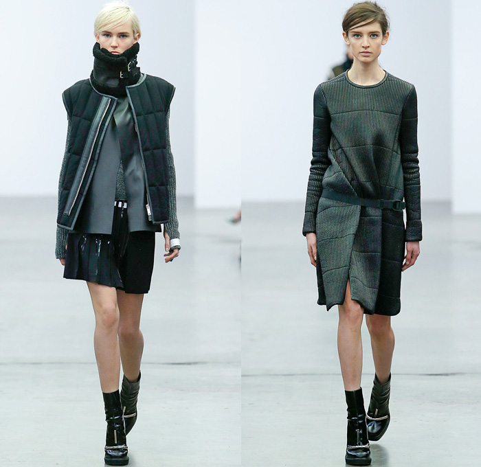 Iceberg 2014-2015 Fall Autumn Winter Womens Runway Looks - Milano Moda Donna Milan Fashion Week - Camera Nazionale della Moda Italiana - Accordion Pleats Quilted Outerwear Coat Leather Neckwarmer Straps Skinny Scarf Sheer Chiffon Peekaboo Sleek Chunky Knit Vest Neoprene Turtleneck Futuristic Metallic Silver Handkerchief Hem Dress