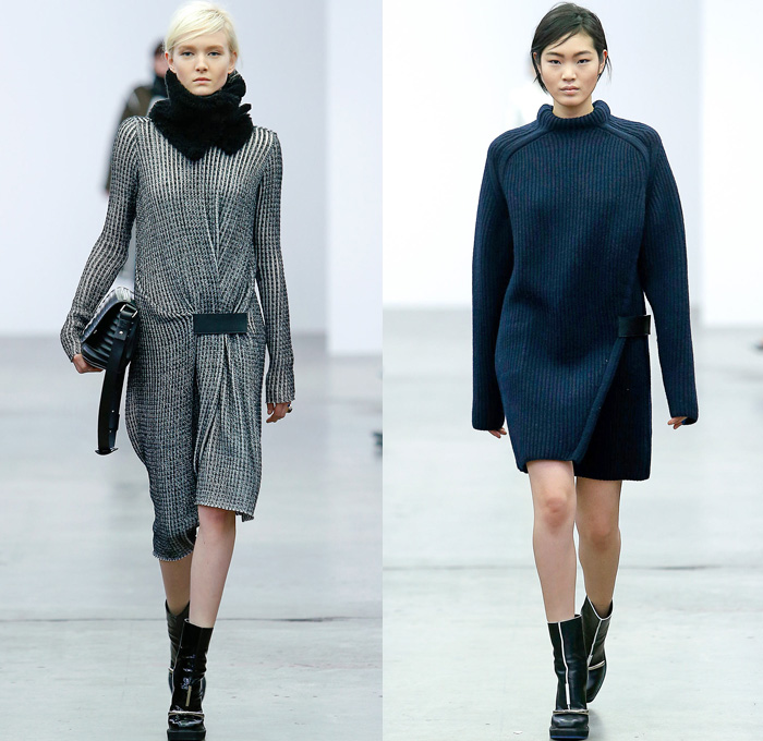 Iceberg 2014-2015 Fall Autumn Winter Womens Runway Looks - Milano Moda Donna Milan Fashion Week - Camera Nazionale della Moda Italiana - Accordion Pleats Quilted Outerwear Coat Leather Neckwarmer Straps Skinny Scarf Sheer Chiffon Peekaboo Sleek Chunky Knit Vest Neoprene Turtleneck Futuristic Metallic Silver Handkerchief Hem Dress