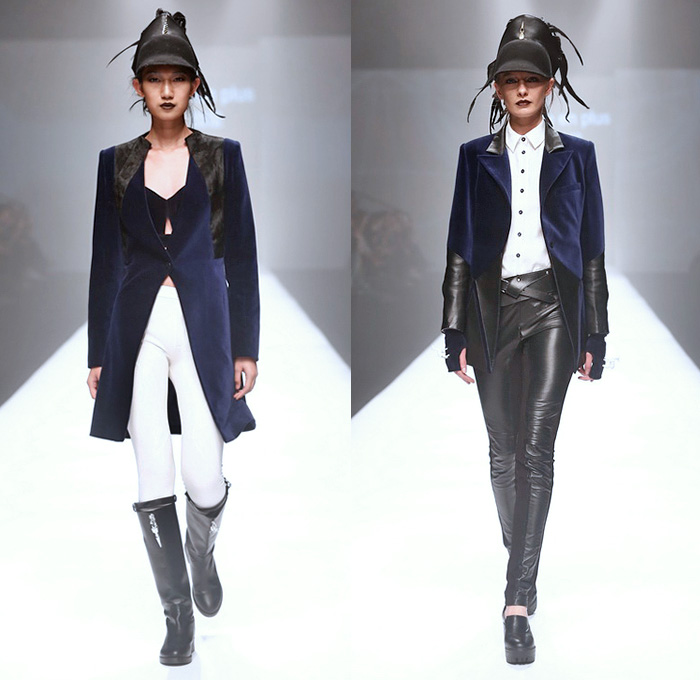 Jade en plus 2014-2015 Fall Autumn Winter Womens Runway Looks - Shanghai Fashion Week China - Double Twins Double Life Snow Queen Leggings Outerwear Riding Coat Boots Leather Blazer Cloak Hanging Sleeve Frock Mantle Cape Knit White Ensemble Dress Stripes Silver Crop Top Midriff Vest Waistcoat Hat Gloves Tuxedo Dress Dovetail Sheer Chiffon Peek-A-Boo Train Furry Mini Skirt Oversized Feathers Animal Spots Ruffles Pleats Mesh Fringes Geometric Strapless