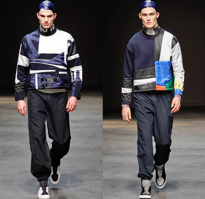 James Long 2014-2015 Fall Autumn Winter Mens Runway Looks Fashion - London Collections - Denim Jeans Treatment Mesh Pattern Panels Puffy Down Waffle Quilted Bomber Varsity Jacket Outerwear Coat Oversized Color Block Sportswear Geometric Print Patchwork Jogging Sweatpants