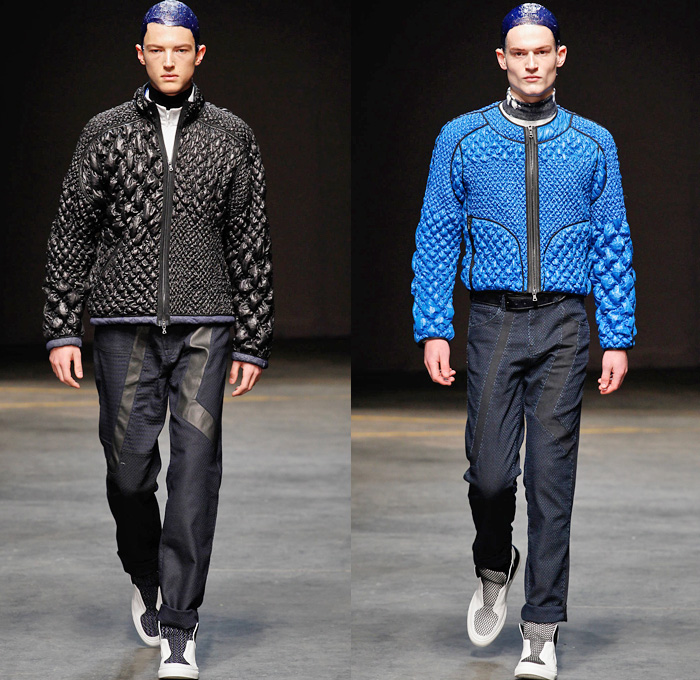 James Long 2014-2015 Fall Autumn Winter Mens Runway Looks Fashion - London Collections - Denim Jeans Treatment Mesh Pattern Panels Puffy Down Waffle Quilted Bomber Varsity Jacket Outerwear Coat Oversized Color Block Sportswear Geometric Print Patchwork Jogging Sweatpants