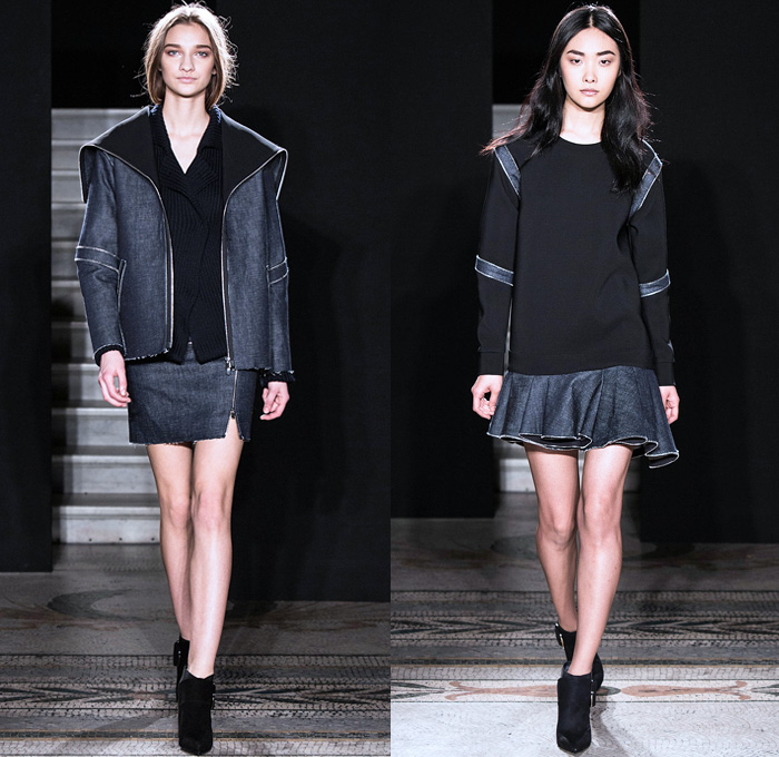 JAY AHR by Jonathan Riss 2014-2015 Fall Autumn Winter Womens Runway Looks - Paris Fashion Week Prêt à Porter Défilés - Raw Selvedge Selvage Dry Denim Jeans Zippers Outerwear Coat Parka Ruffles Multi-Panel Furry Fringes Skinny Leather Sweater Jumper Ripped Asymmetrical Hem Shorts Stripes Funnel Neck Skirt Frock Dress