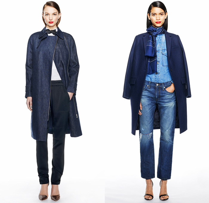 J.Crew 2014-2015 Fall Autumn Winter Womens Lookbook Presentation - Mercedes-Benz Fashion Week New York Catwalk - Denim Jeans Jogging Sweatpants Outerwear Trench Coat Scarf Zigzag Stripes Flowers Florals Palazzo Pants Culottes Boucle Knit Tassels Ornamental Bomber Down Jacket Puffer Checks Basketweave Stripes Leaves Sweater Sweaterdress