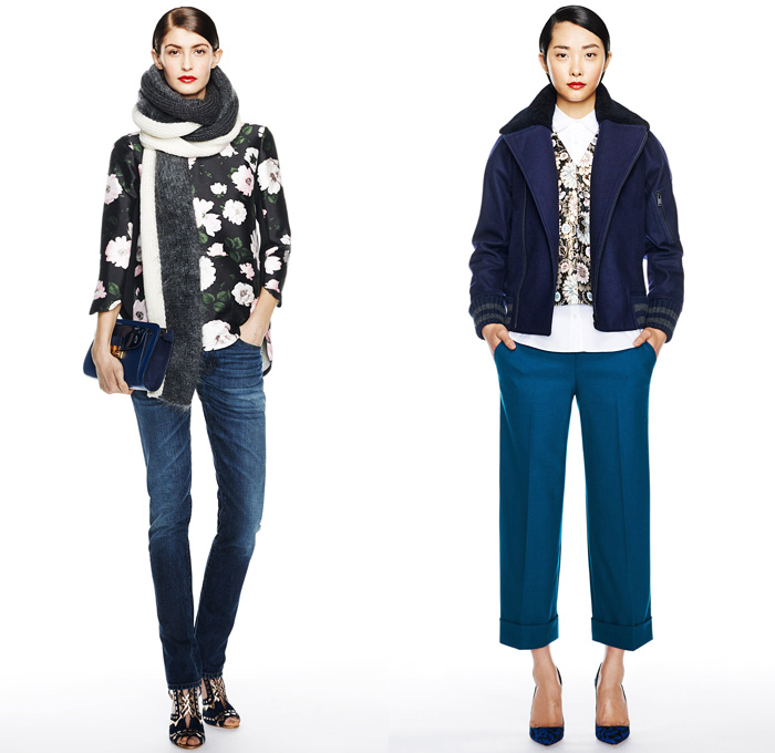 J.Crew 2014-2015 Fall Autumn Winter Womens Lookbook Presentation - Mercedes-Benz Fashion Week New York Catwalk - Denim Jeans Jogging Sweatpants Outerwear Trench Coat Scarf Zigzag Stripes Flowers Florals Palazzo Pants Culottes Boucle Knit Tassels Ornamental Bomber Down Jacket Puffer Checks Basketweave Stripes Leaves Sweater Sweaterdress