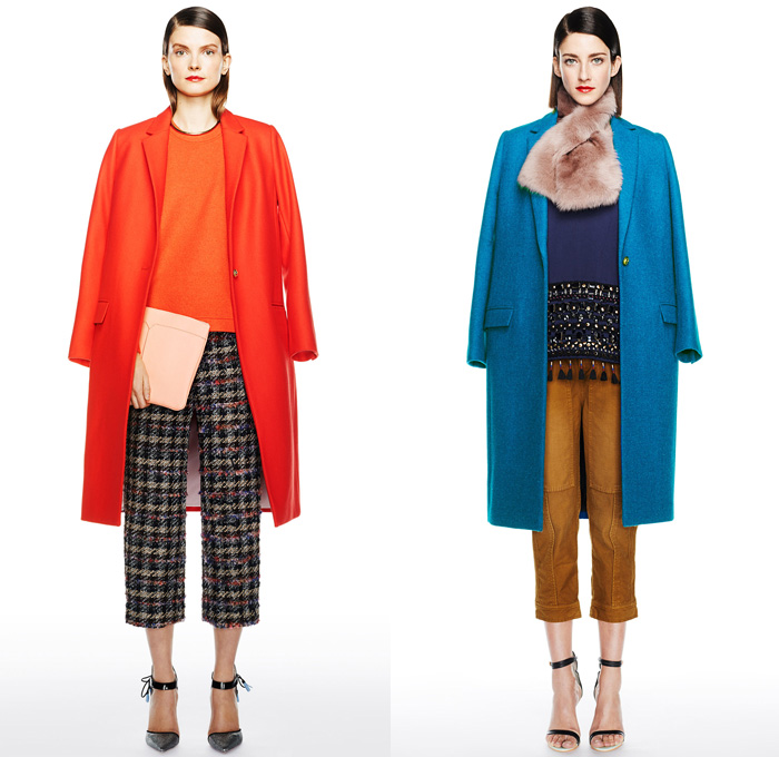 J.Crew 2014-2015 Fall Autumn Winter Womens Lookbook Presentation - Mercedes-Benz Fashion Week New York Catwalk - Denim Jeans Jogging Sweatpants Outerwear Trench Coat Scarf Zigzag Stripes Flowers Florals Palazzo Pants Culottes Boucle Knit Tassels Ornamental Bomber Down Jacket Puffer Checks Basketweave Stripes Leaves Sweater Sweaterdress