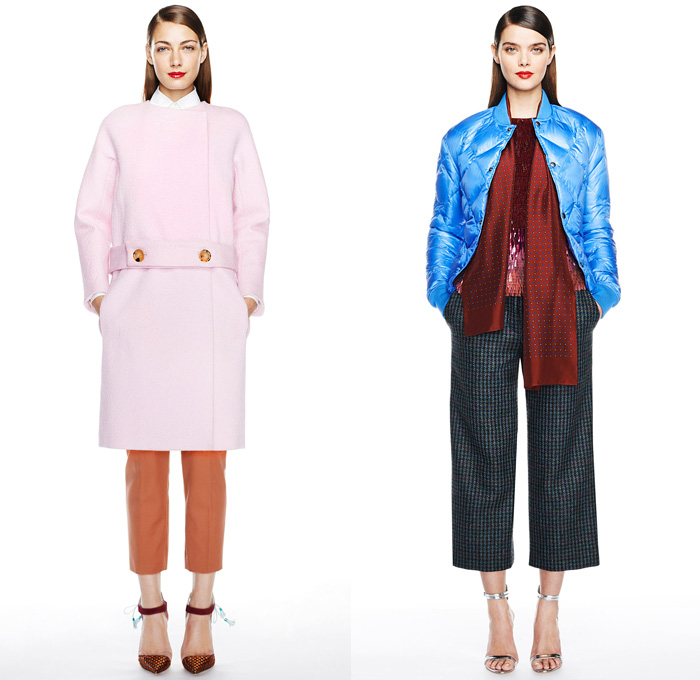 J.Crew 2014-2015 Fall Autumn Winter Womens Lookbook Presentation - Mercedes-Benz Fashion Week New York Catwalk - Denim Jeans Jogging Sweatpants Outerwear Trench Coat Scarf Zigzag Stripes Flowers Florals Palazzo Pants Culottes Boucle Knit Tassels Ornamental Bomber Down Jacket Puffer Checks Basketweave Stripes Leaves Sweater Sweaterdress