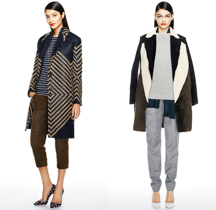 J.Crew 2014-2015 Fall Autumn Winter Womens Lookbook Presentation - Mercedes-Benz Fashion Week New York Catwalk - Denim Jeans Jogging Sweatpants Outerwear Trench Coat Scarf Zigzag Stripes Flowers Florals Palazzo Pants Culottes Boucle Knit Tassels Ornamental Bomber Down Jacket Puffer Checks Basketweave Stripes Leaves Sweater Sweaterdress