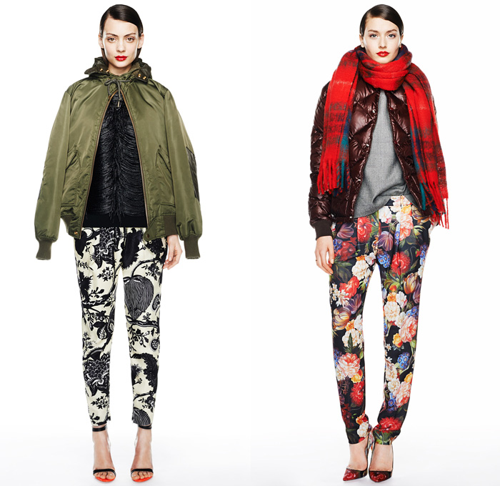 J.Crew 2014-2015 Fall Autumn Winter Womens Lookbook Presentation - Mercedes-Benz Fashion Week New York Catwalk - Denim Jeans Jogging Sweatpants Outerwear Trench Coat Scarf Zigzag Stripes Flowers Florals Palazzo Pants Culottes Boucle Knit Tassels Ornamental Bomber Down Jacket Puffer Checks Basketweave Stripes Leaves Sweater Sweaterdress