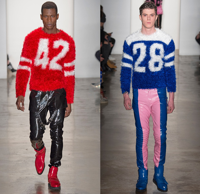 Jeremy Scott 2014-2015 Fall Autumn Winter Mens Runway Looks - New York Fashion Week Catwalk - Locker Room Sport Street Athletic Varsity Football Basketball Baseball Baseball Knit Color Block Straps Outerwear Coat Motorcycle Biker Rider Ribbed Panels Band Aid Suit Print Motif Numbers Sweater Jumper Hypnotic Zippers Madballs