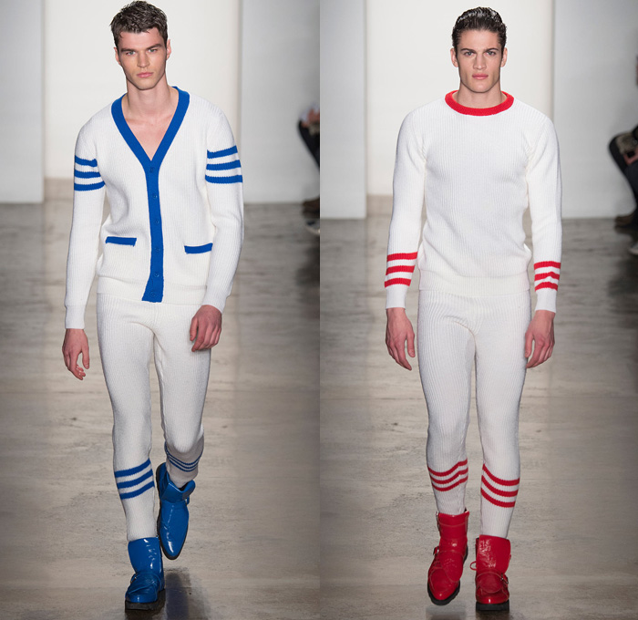 Jeremy Scott 2014-2015 Fall Autumn Winter Mens Runway Looks - New York Fashion Week Catwalk - Locker Room Sport Street Athletic Varsity Football Basketball Baseball Baseball Knit Color Block Straps Outerwear Coat Motorcycle Biker Rider Ribbed Panels Band Aid Suit Print Motif Numbers Sweater Jumper Hypnotic Zippers Madballs