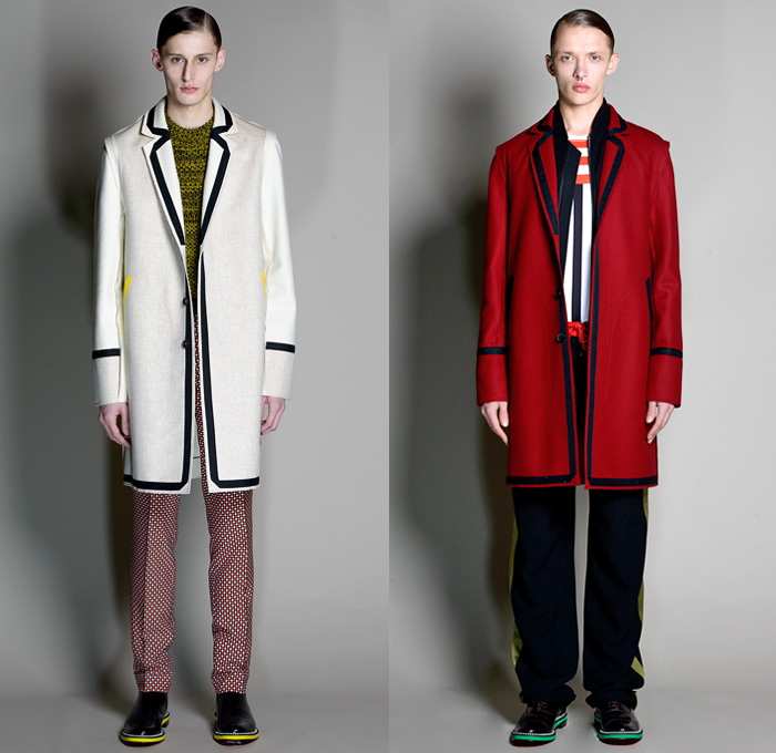 Jonathan Saunders 2014-2015 Fall Autumn Winter Mens Runway Looks Fashion - London Collections - Outerwear Trench Coat Bomber Varsity Jacket Slouchy Harlequin Check Stripes Knit V-Neck Sweater Jumper Scarf Trousers