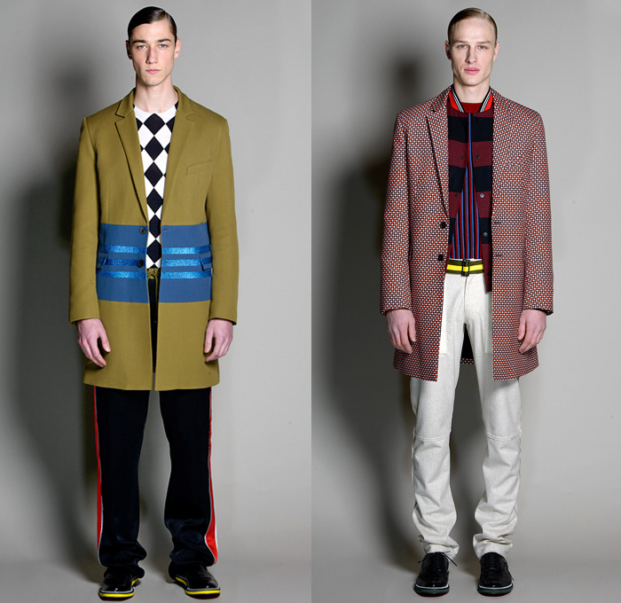 Jonathan Saunders 2014-2015 Fall Autumn Winter Mens Runway Looks Fashion - London Collections - Outerwear Trench Coat Bomber Varsity Jacket Slouchy Harlequin Check Stripes Knit V-Neck Sweater Jumper Scarf Trousers