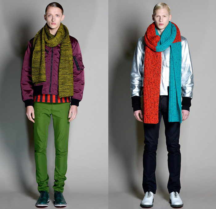 Jonathan Saunders 2014-2015 Fall Autumn Winter Mens Runway Looks Fashion - London Collections - Outerwear Trench Coat Bomber Varsity Jacket Slouchy Harlequin Check Stripes Knit V-Neck Sweater Jumper Scarf Trousers