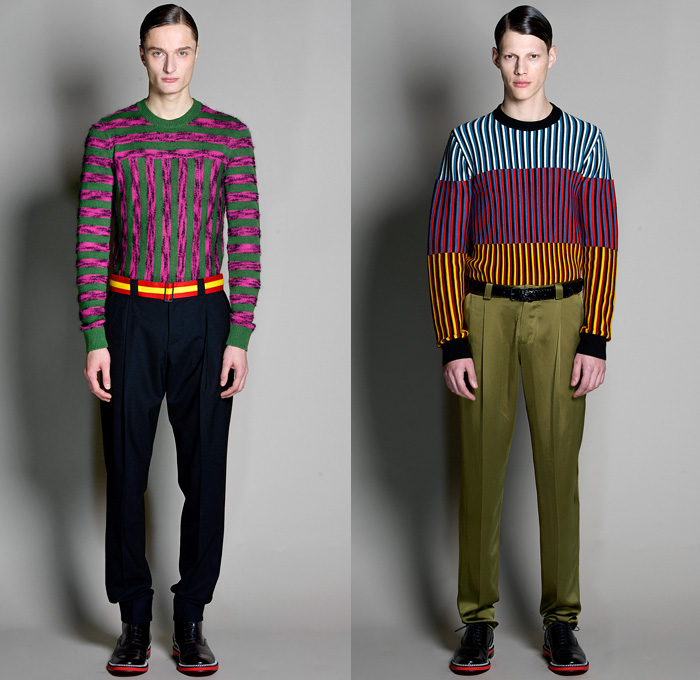 Jonathan Saunders 2014-2015 Fall Autumn Winter Mens Runway Looks Fashion - London Collections - Outerwear Trench Coat Bomber Varsity Jacket Slouchy Harlequin Check Stripes Knit V-Neck Sweater Jumper Scarf Trousers