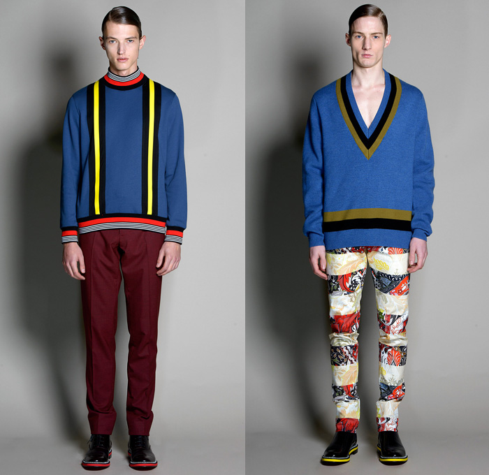 Jonathan Saunders 2014-2015 Fall Autumn Winter Mens Runway Looks Fashion - London Collections - Outerwear Trench Coat Bomber Varsity Jacket Slouchy Harlequin Check Stripes Knit V-Neck Sweater Jumper Scarf Trousers