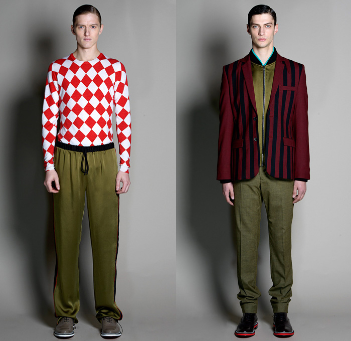 Jonathan Saunders 2014-2015 Fall Autumn Winter Mens Runway Looks Fashion - London Collections - Outerwear Trench Coat Bomber Varsity Jacket Slouchy Harlequin Check Stripes Knit V-Neck Sweater Jumper Scarf Trousers