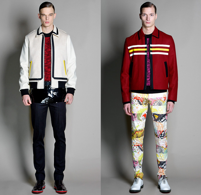 Jonathan Saunders 2014-2015 Fall Autumn Winter Mens Runway Looks Fashion - London Collections - Outerwear Trench Coat Bomber Varsity Jacket Slouchy Harlequin Check Stripes Knit V-Neck Sweater Jumper Scarf Trousers