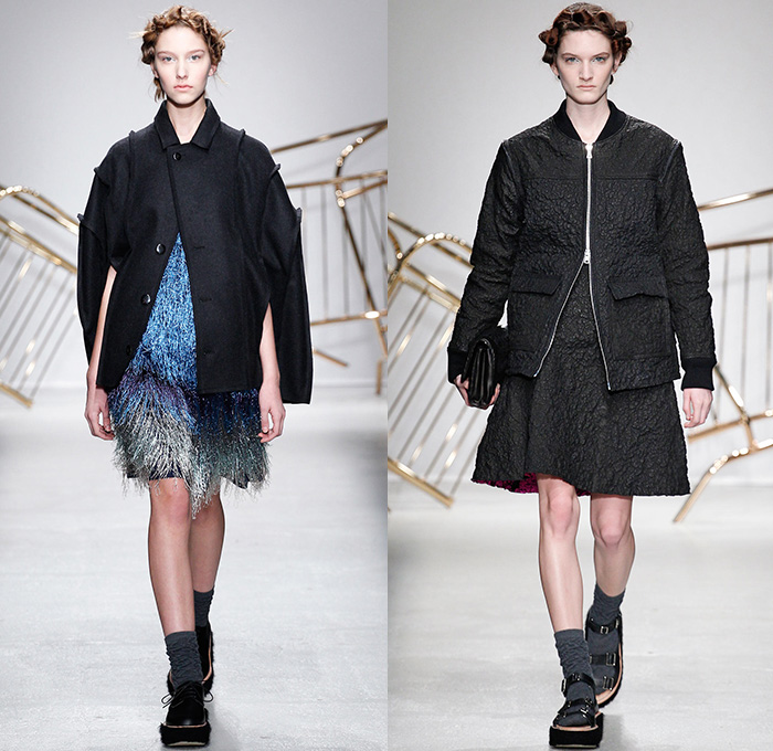 Julien David 2014-2015 Fall Autumn Winter Womens Runway Looks - Fashion Week Mode à Paris Prêt à Porter Défilés France Catwalk Fashion Show - Hanging Sleeve Cape Cloak Mantle Sheer Chiffon Peek-a-Boo Furry Oversized Outerwear Coat Topcoat Overcoat Fringes Embossed Drawstring Bomber Jacket Ruffles Onesie One Piece Shirtdress Sweaterdress Baseball Cap Multi-Panel