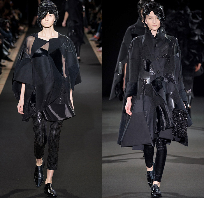 Junya Watanabe 2014-2015 Fall Autumn Winter Womens Runway Looks - Paris France Catwalk Fashion Show - Black Patchwork Layers Ruffles Multi-Panel Circles Velvet Satin Silk Sequins Leather Lace Cloak Cape Coat Dress Skirt Down Jacket Couture Leggings Sheer Chiffon Tutu Knit Cardigan Sweater Jumper Hanging Sleeve Nautical Furry Motorcycle Biker Rider Futuristic 