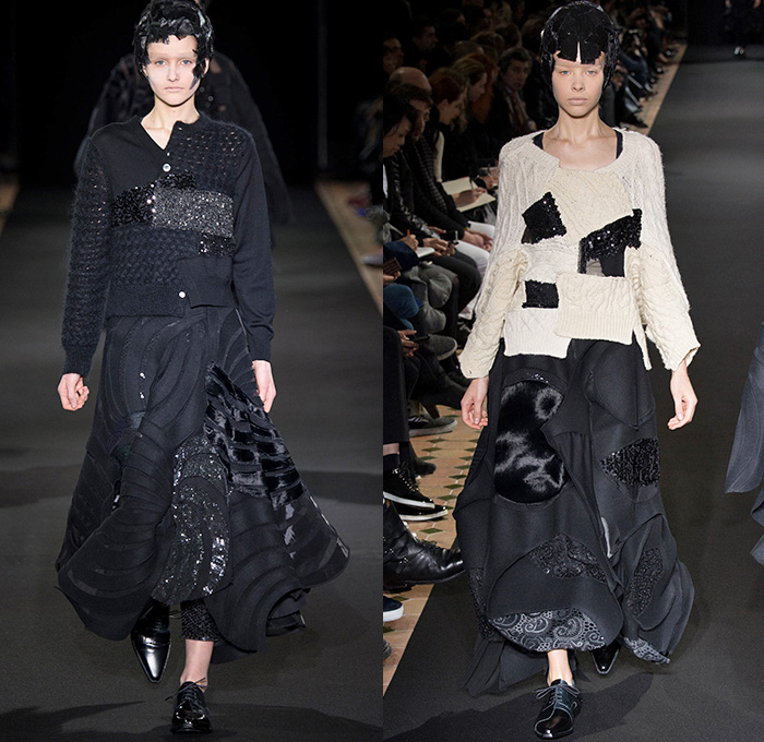 Junya Watanabe 2014-2015 Fall Autumn Winter Womens Runway Looks - Paris France Catwalk Fashion Show - Black Patchwork Layers Ruffles Multi-Panel Circles Velvet Satin Silk Sequins Leather Lace Cloak Cape Coat Dress Skirt Down Jacket Couture Leggings Sheer Chiffon Tutu Knit Cardigan Sweater Jumper Hanging Sleeve Nautical Furry Motorcycle Biker Rider Futuristic 