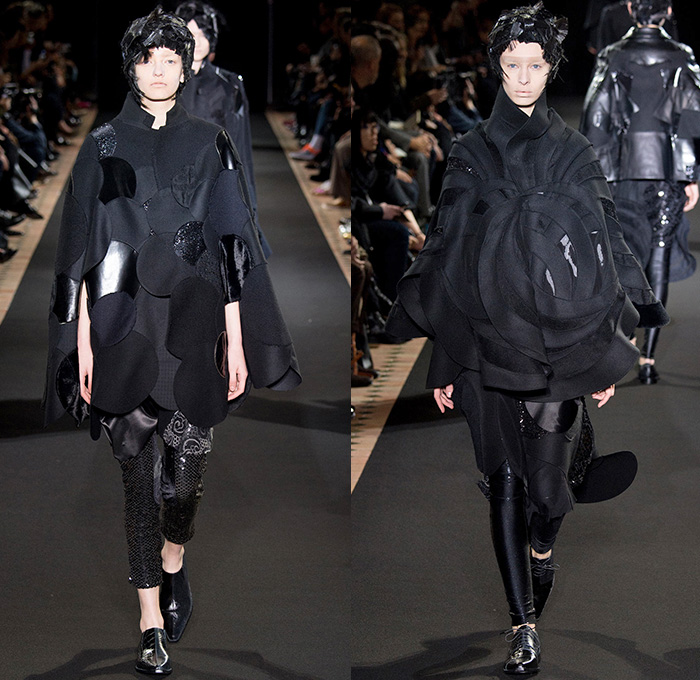 Junya Watanabe 2014-2015 Fall Autumn Winter Womens Runway Looks - Paris France Catwalk Fashion Show - Black Patchwork Layers Ruffles Multi-Panel Circles Velvet Satin Silk Sequins Leather Lace Cloak Cape Coat Dress Skirt Down Jacket Couture Leggings Sheer Chiffon Tutu Knit Cardigan Sweater Jumper Hanging Sleeve Nautical Furry Motorcycle Biker Rider Futuristic 