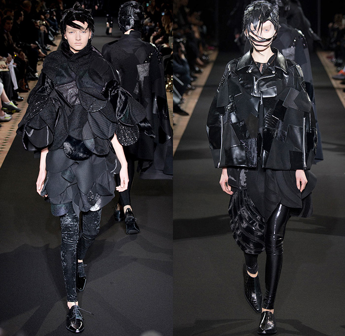 Junya Watanabe 2014-2015 Fall Autumn Winter Womens Runway Looks - Paris France Catwalk Fashion Show - Black Patchwork Layers Ruffles Multi-Panel Circles Velvet Satin Silk Sequins Leather Lace Cloak Cape Coat Dress Skirt Down Jacket Couture Leggings Sheer Chiffon Tutu Knit Cardigan Sweater Jumper Hanging Sleeve Nautical Furry Motorcycle Biker Rider Futuristic 