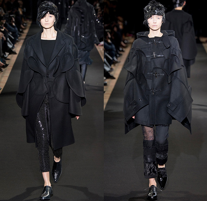 Junya Watanabe 2014-2015 Fall Autumn Winter Womens Runway Looks - Paris France Catwalk Fashion Show - Black Patchwork Layers Ruffles Multi-Panel Circles Velvet Satin Silk Sequins Leather Lace Cloak Cape Coat Dress Skirt Down Jacket Couture Leggings Sheer Chiffon Tutu Knit Cardigan Sweater Jumper Hanging Sleeve Nautical Furry Motorcycle Biker Rider Futuristic 