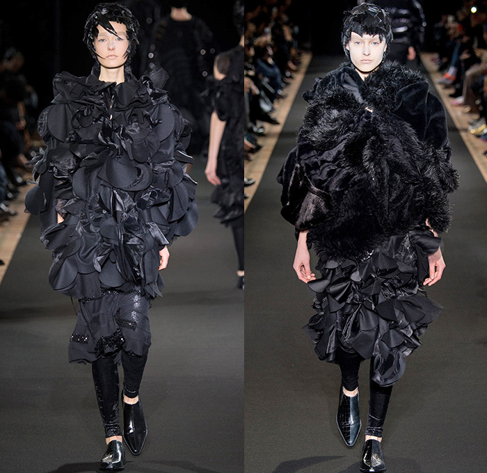 Junya Watanabe 2014-2015 Fall Autumn Winter Womens Runway Looks - Paris France Catwalk Fashion Show - Black Patchwork Layers Ruffles Multi-Panel Circles Velvet Satin Silk Sequins Leather Lace Cloak Cape Coat Dress Skirt Down Jacket Couture Leggings Sheer Chiffon Tutu Knit Cardigan Sweater Jumper Hanging Sleeve Nautical Furry Motorcycle Biker Rider Futuristic 