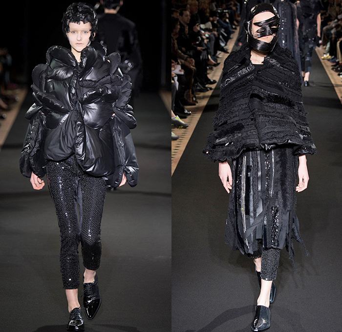 Junya Watanabe 2014-2015 Fall Autumn Winter Womens Runway Looks - Paris France Catwalk Fashion Show - Black Patchwork Layers Ruffles Multi-Panel Circles Velvet Satin Silk Sequins Leather Lace Cloak Cape Coat Dress Skirt Down Jacket Couture Leggings Sheer Chiffon Tutu Knit Cardigan Sweater Jumper Hanging Sleeve Nautical Furry Motorcycle Biker Rider Futuristic 