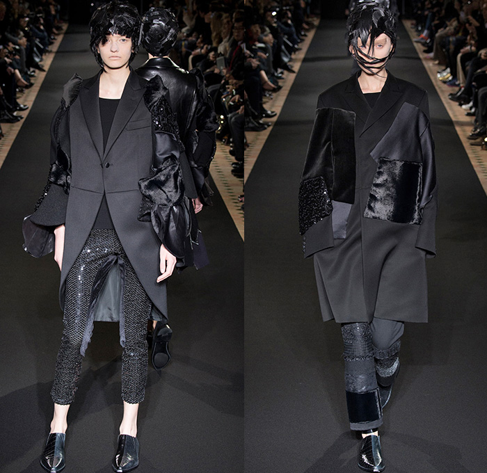 Junya Watanabe 2014-2015 Fall Autumn Winter Womens Runway Looks - Paris France Catwalk Fashion Show - Black Patchwork Layers Ruffles Multi-Panel Circles Velvet Satin Silk Sequins Leather Lace Cloak Cape Coat Dress Skirt Down Jacket Couture Leggings Sheer Chiffon Tutu Knit Cardigan Sweater Jumper Hanging Sleeve Nautical Furry Motorcycle Biker Rider Futuristic 