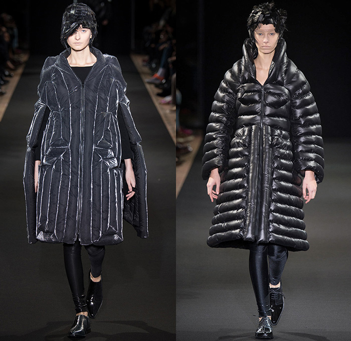 Junya Watanabe 2014-2015 Fall Autumn Winter Womens Runway Looks - Paris France Catwalk Fashion Show - Black Patchwork Layers Ruffles Multi-Panel Circles Velvet Satin Silk Sequins Leather Lace Cloak Cape Coat Dress Skirt Down Jacket Couture Leggings Sheer Chiffon Tutu Knit Cardigan Sweater Jumper Hanging Sleeve Nautical Furry Motorcycle Biker Rider Futuristic 