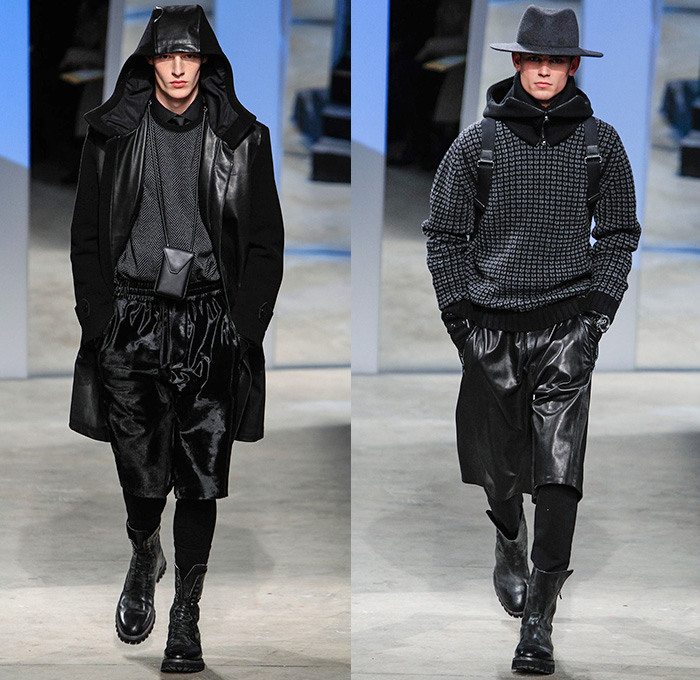 Kenneth Cole Collection 2014-2015 Fall Autumn Winter Mens Runway Looks - New York Fashion Week Catwalk Show - Western Old West Motorcycle Biker Rider Backpack Shorts Over Leggings Sporty Hoodie Outerwear Coat Boots Neck Pouch Knit Sweater Jumper Leather Suit Blazer Sportcoat Briefcase Necktie Button Down Shirt Gloves Double Breasted Topcoat Overcoat White Ensemble