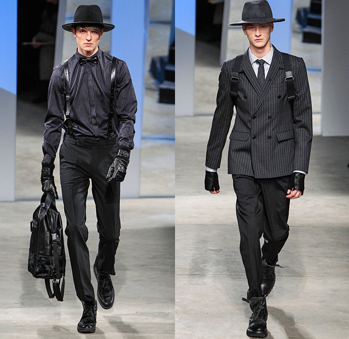 Kenneth Cole Collection 2014-2015 Fall Autumn Winter Mens Runway Looks - New York Fashion Week Catwalk Show - Western Old West Motorcycle Biker Rider Backpack Shorts Over Leggings Sporty Hoodie Outerwear Coat Boots Neck Pouch Knit Sweater Jumper Leather Suit Blazer Sportcoat Briefcase Necktie Button Down Shirt Gloves Double Breasted Topcoat Overcoat White Ensemble