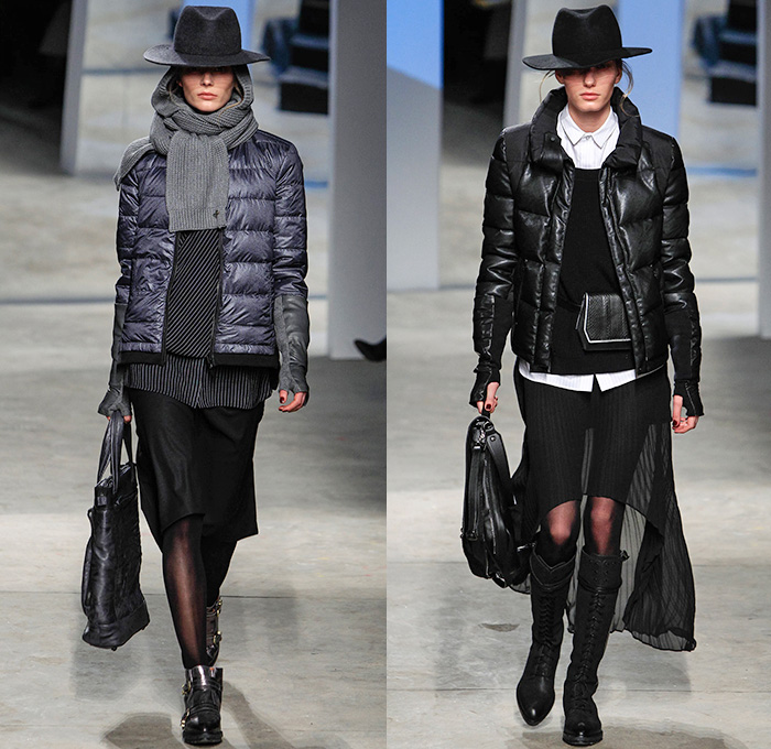 Kenneth Cole Collection 2014-2015 Fall Autumn Winter Womens Runway Looks - New York Fashion Week Catwalk Show - Western Cowgirl Plaid Pinstripe Tapered Gloves Sweater Jumper Button Down Shirt Blouse Clutch Bag Drapery Outerwear Coat Hoodie Dress Layers Tweed Down Puffer Quilted Bomber Jacket Knit Abstract Grunge Print Leather Tote Bag Sheer Chiffon Peek-A-Boo Straps Jogging Sweatpants Drawstring Blazer Multi-Panel Vest Waistcoat Bowtie Funnelneck Boots Dovetail Necklace Pouch Asymmetrical Motorcycle Biker Rider Wrap