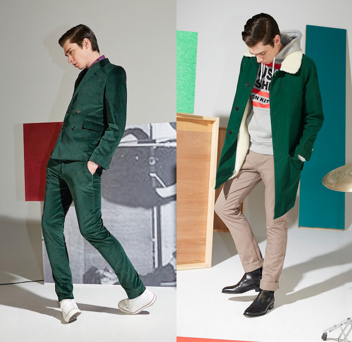 Maison Kitsuné 2014-2015 Fall Winter Mens Lookbook Collection - Denim Jeans Rock Roll 1950s Mod Jacket Roll Up White Socks Stripes Bomber Checks Fox Paisley Blazer Sportcoat Loafer Plaid Tartan Knit Sweater Jumper Zigzag Drums Guitar Print Graphic Mic Keyboard Musical Instruments Outerwear Coat: Designer Denim Jeans Fashion: Season Collections, Runways, Lookbooks and Linesheets