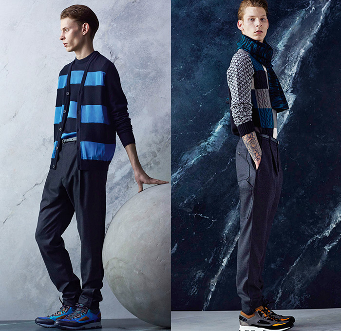 Lanvin 2014 Pre Fall Autumn Mens Lookbook - Paris France Pre Collection Pre Season Fashion - Plaid Checks Boots Stripes Multi-Panel Pants Trousers Sneakers Sweater Jumper Scarf Cargo Pockets Knit Stripes Cardigan Trainers Outerwear Field Jacket Leather Trench Coat Parka Furry Zebra Pattern Shearling Abstract Tuxedo Cocktail Smoking Jacket Suit